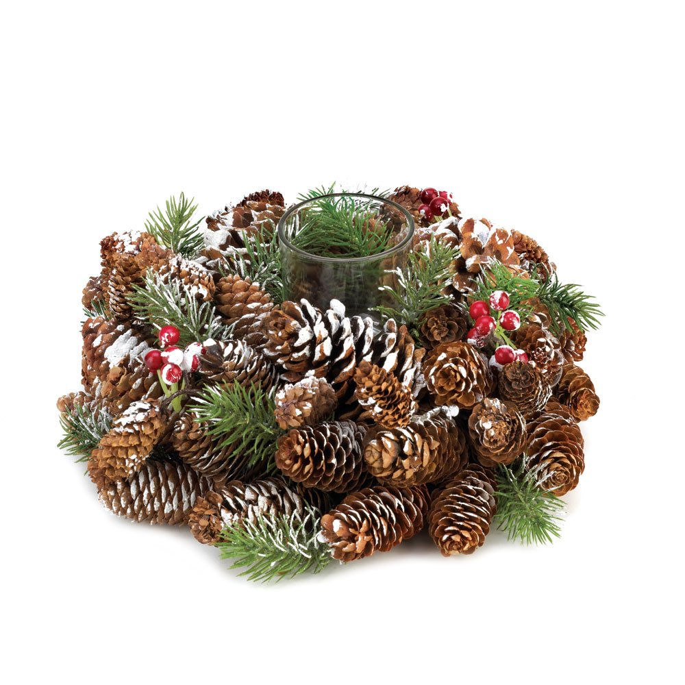 Snowy pine cone wreath candleholder