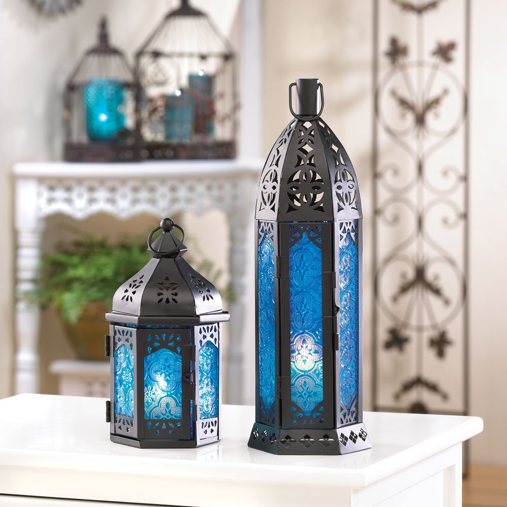 Tall floret blue candle lanter