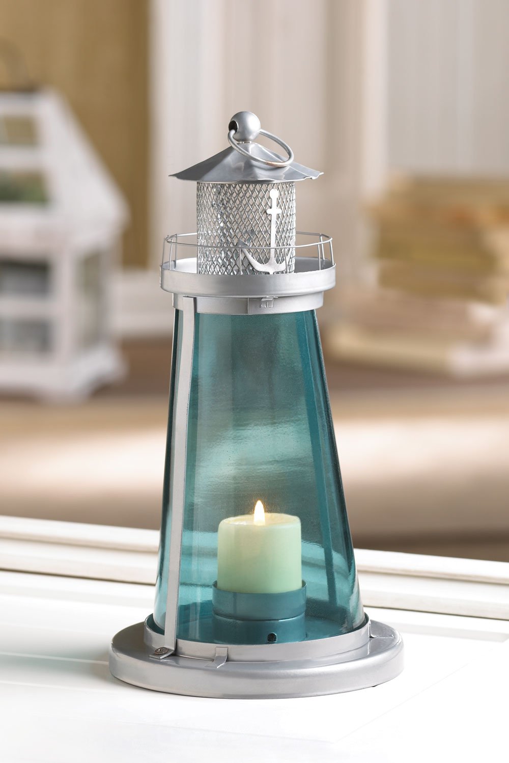Blue glass watch tower candle lamp