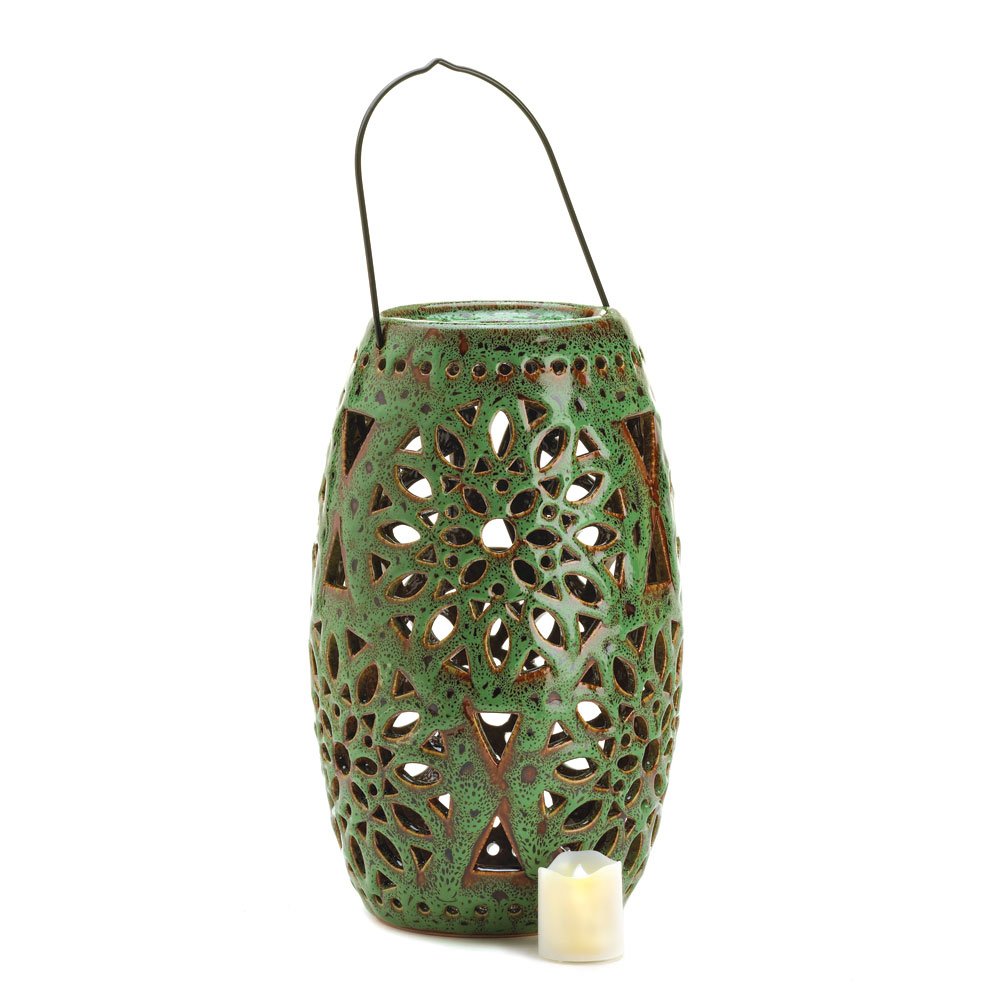 Ceramic green lantern with led candle