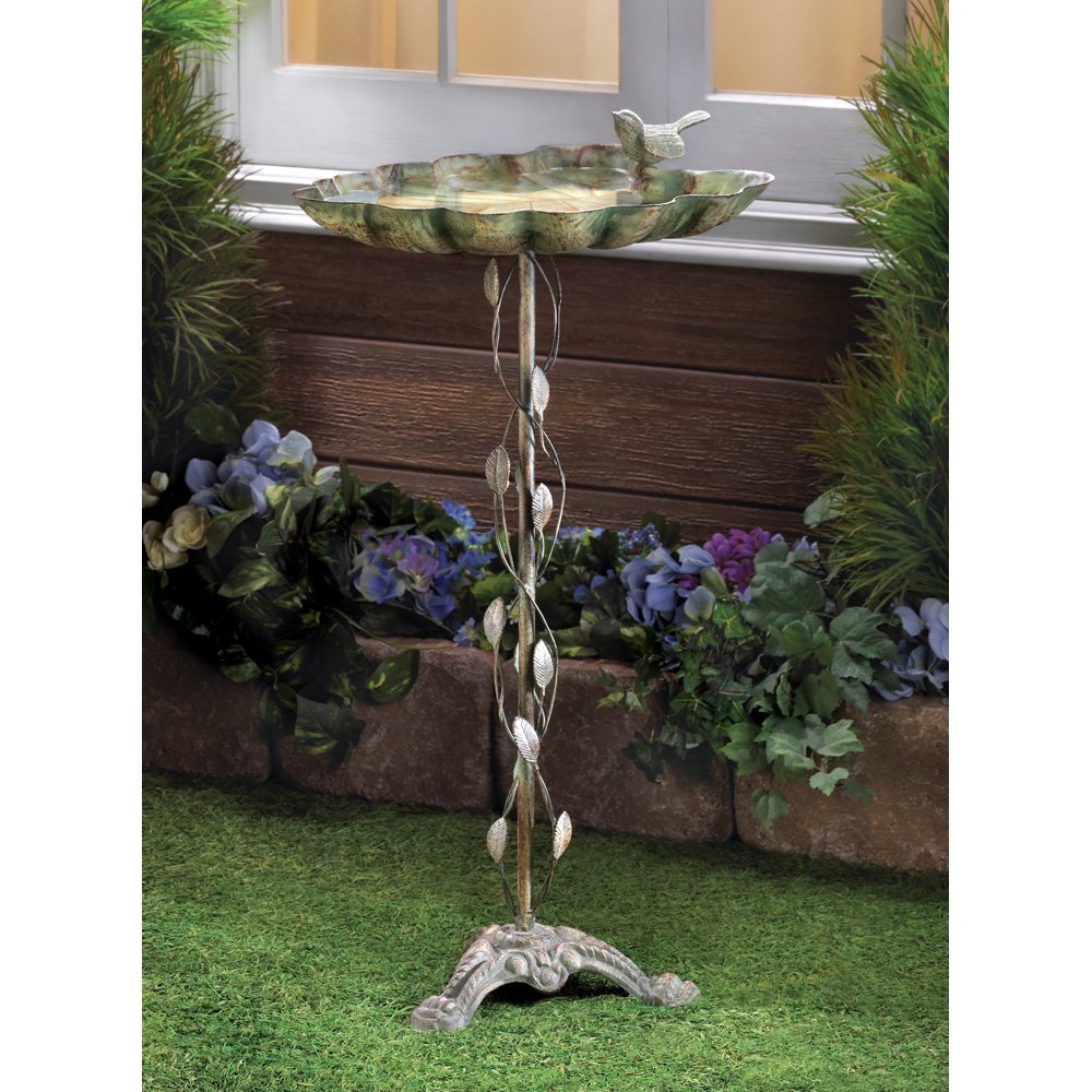 Verdigris leaf birdbath